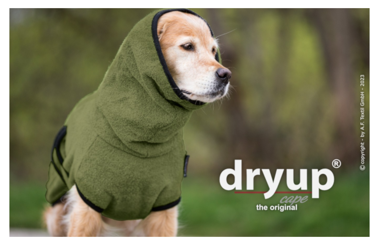 DRYUP Cape -Hundebademantel - moos - NEUE FARBE - DRYUP-Bademantel-moos-Kopf
