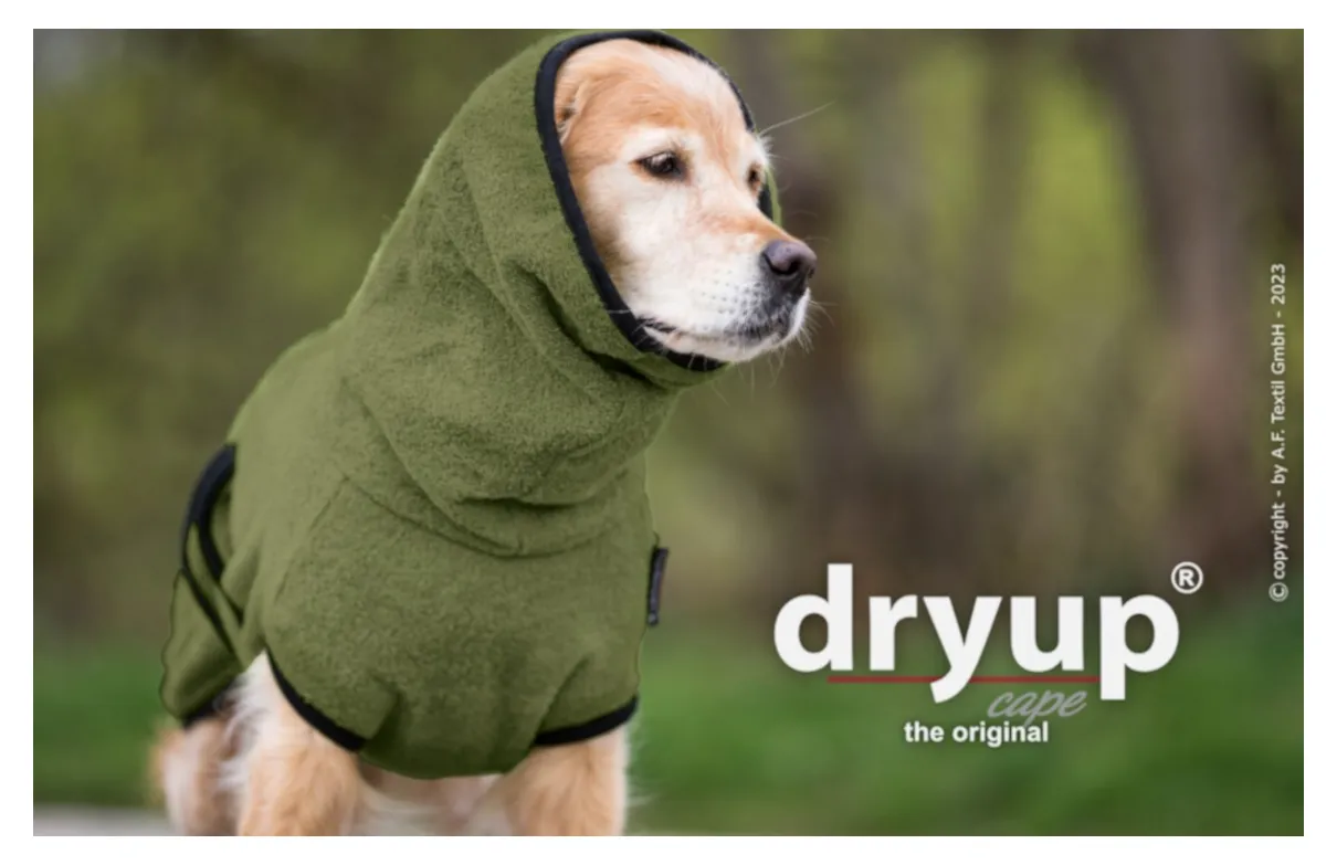 DRYUP Cape -Hundebademantel - moos - NEUE FARBE - DRYUP-Bademantel-moos-Kopf