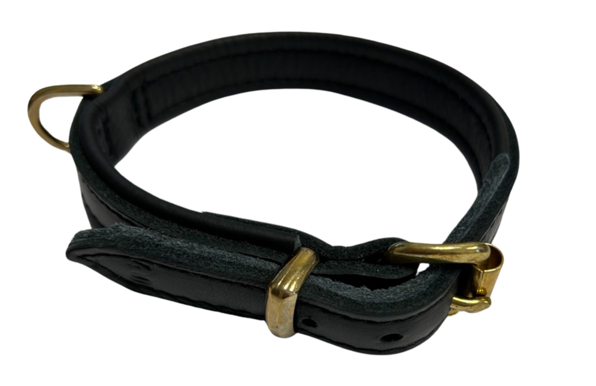 Softlederhalsband, schwarz m. Nappaleder gef. + Messingschnalle - Halsband_schwarz_40cm_schmal