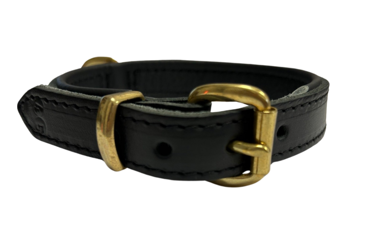 Softlederhalsband, schwarz m. Nappaleder gef. + Messingschnalle - Halsband_schwarz_45cm
