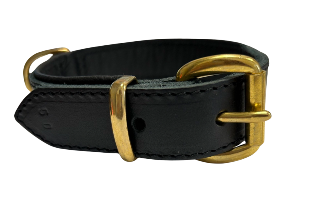 Softlederhalsband, schwarz m. Nappaleder gef. + Messingschnalle - Halsband_schwarz_50cm_breit